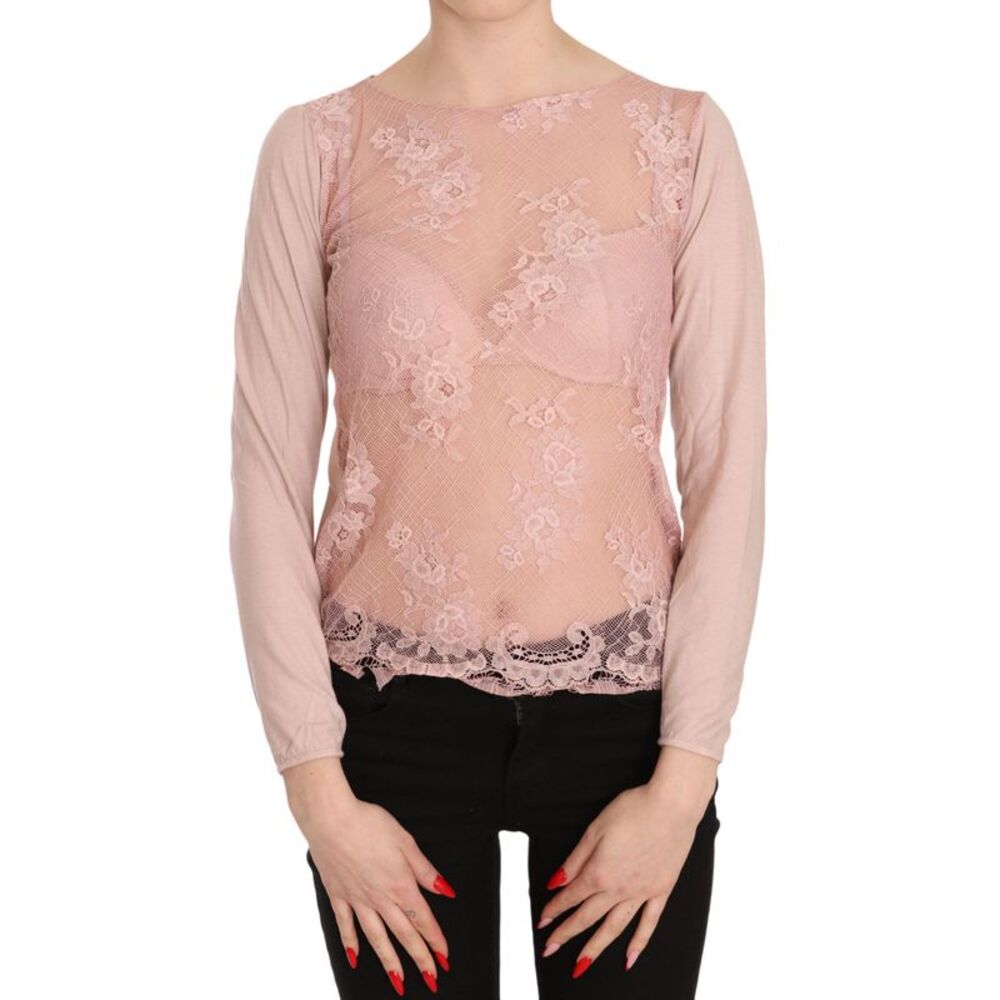 PINK MEMORIES Pink Lace See Through Long Sleeve Top Women's Blouse